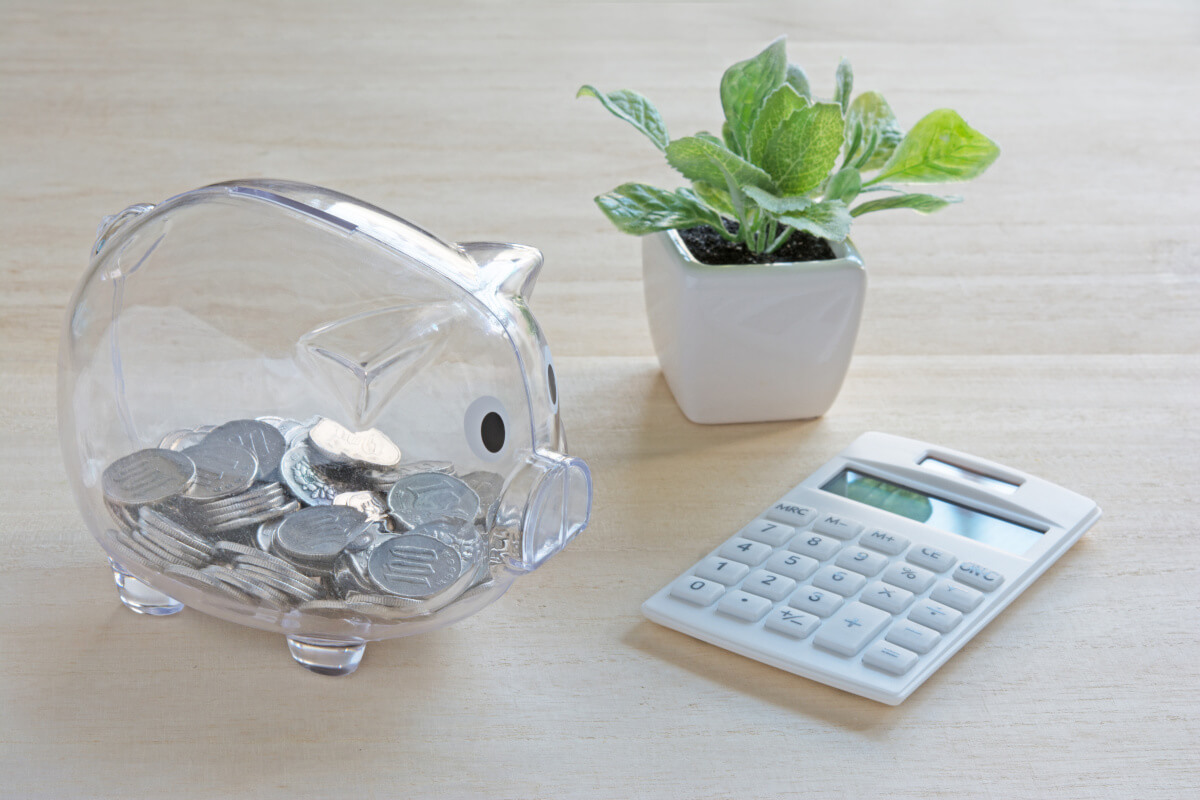 豚の貯金箱と観葉植物と電卓